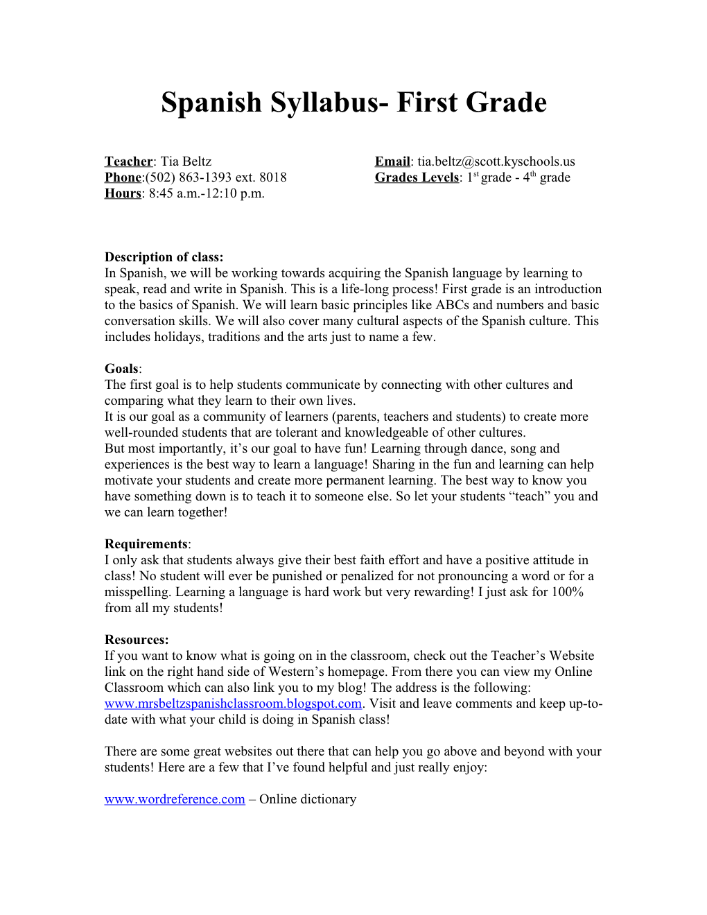 Spanish Syllabus- First Grade