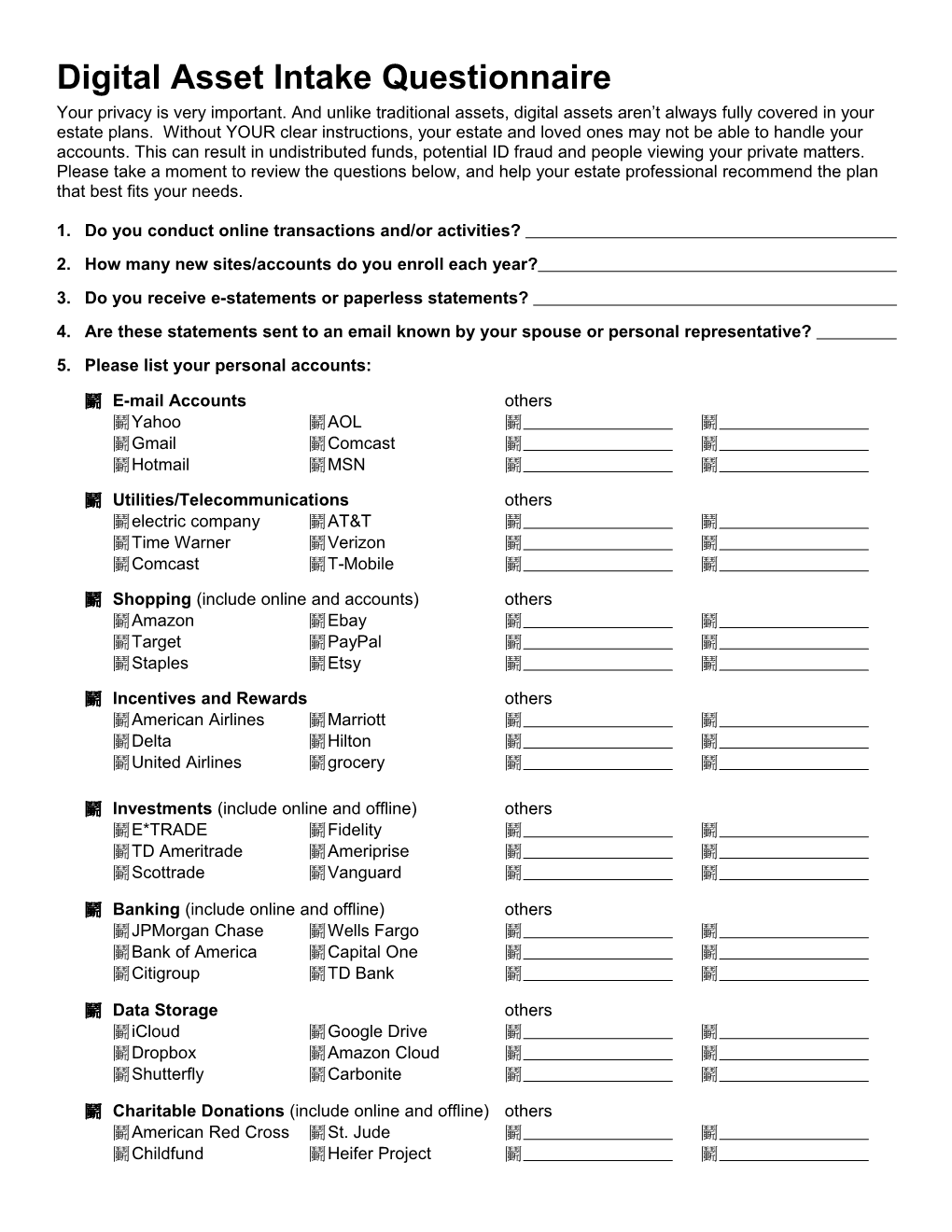 Digital Asset Intake Questionnaire