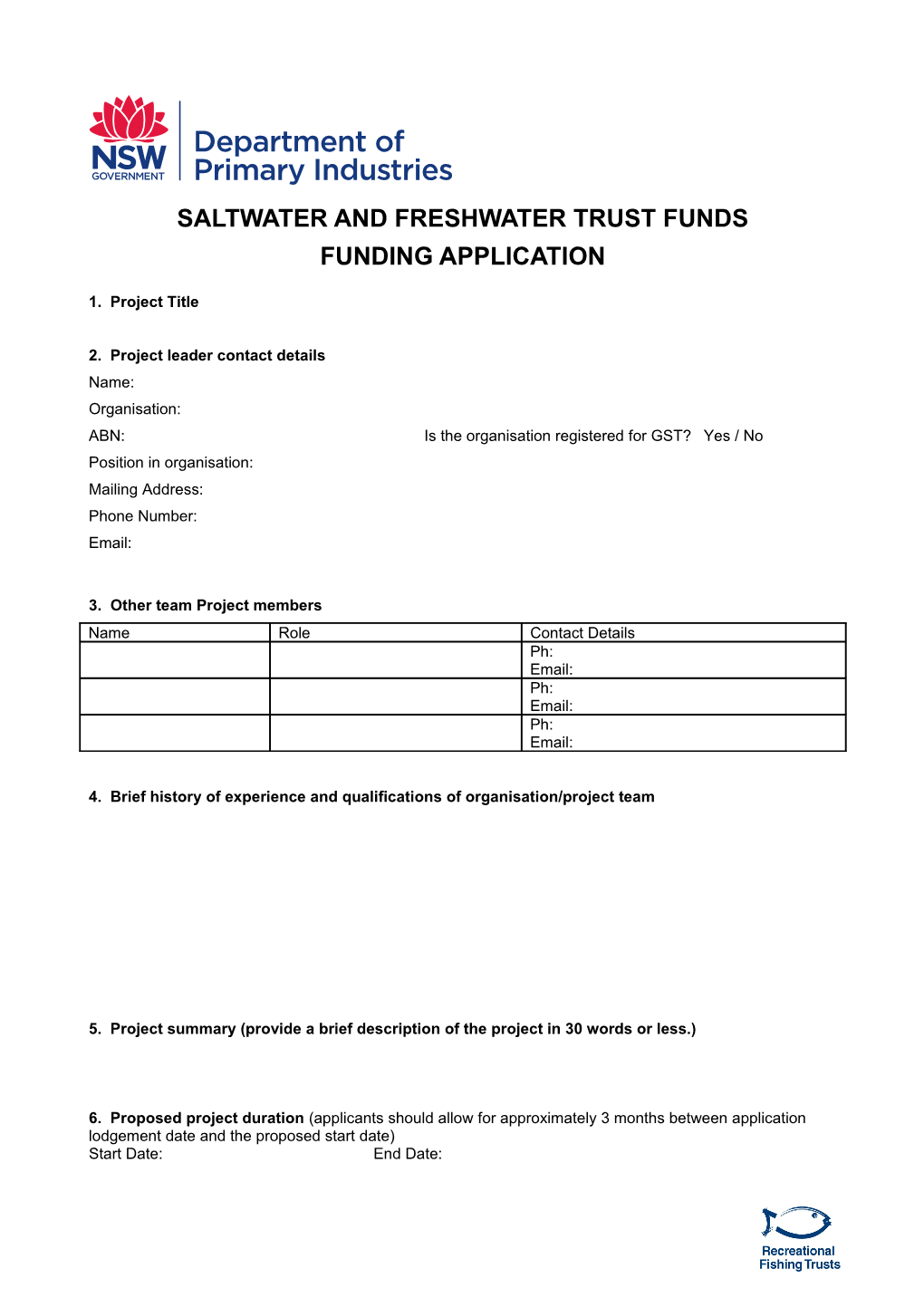 Recreational Fishing Trust Application Form