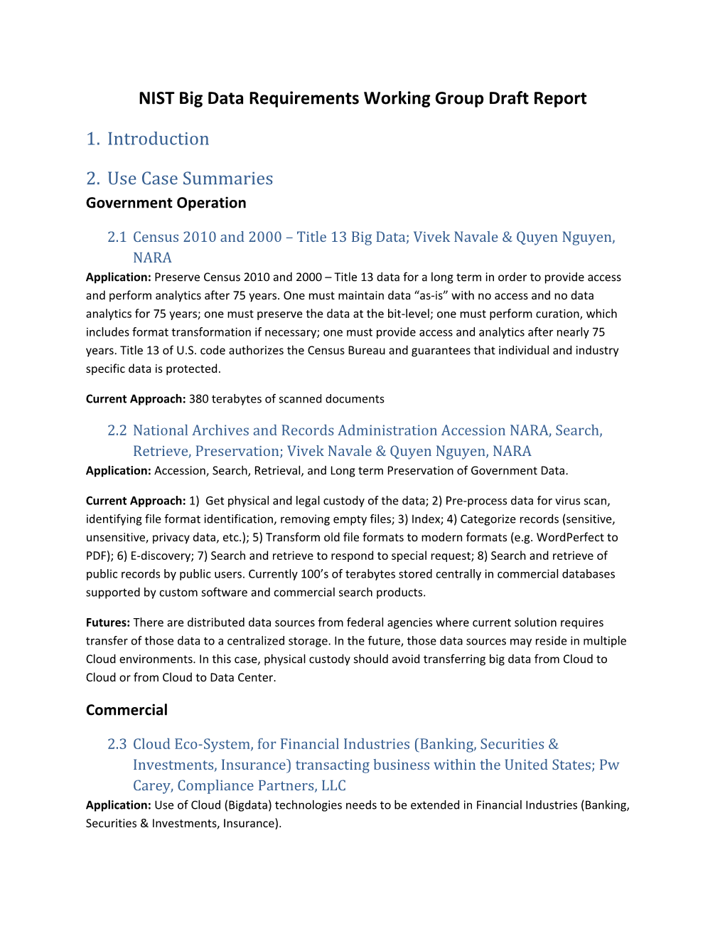 NIST Big Data Requirements Working Group Draft Report