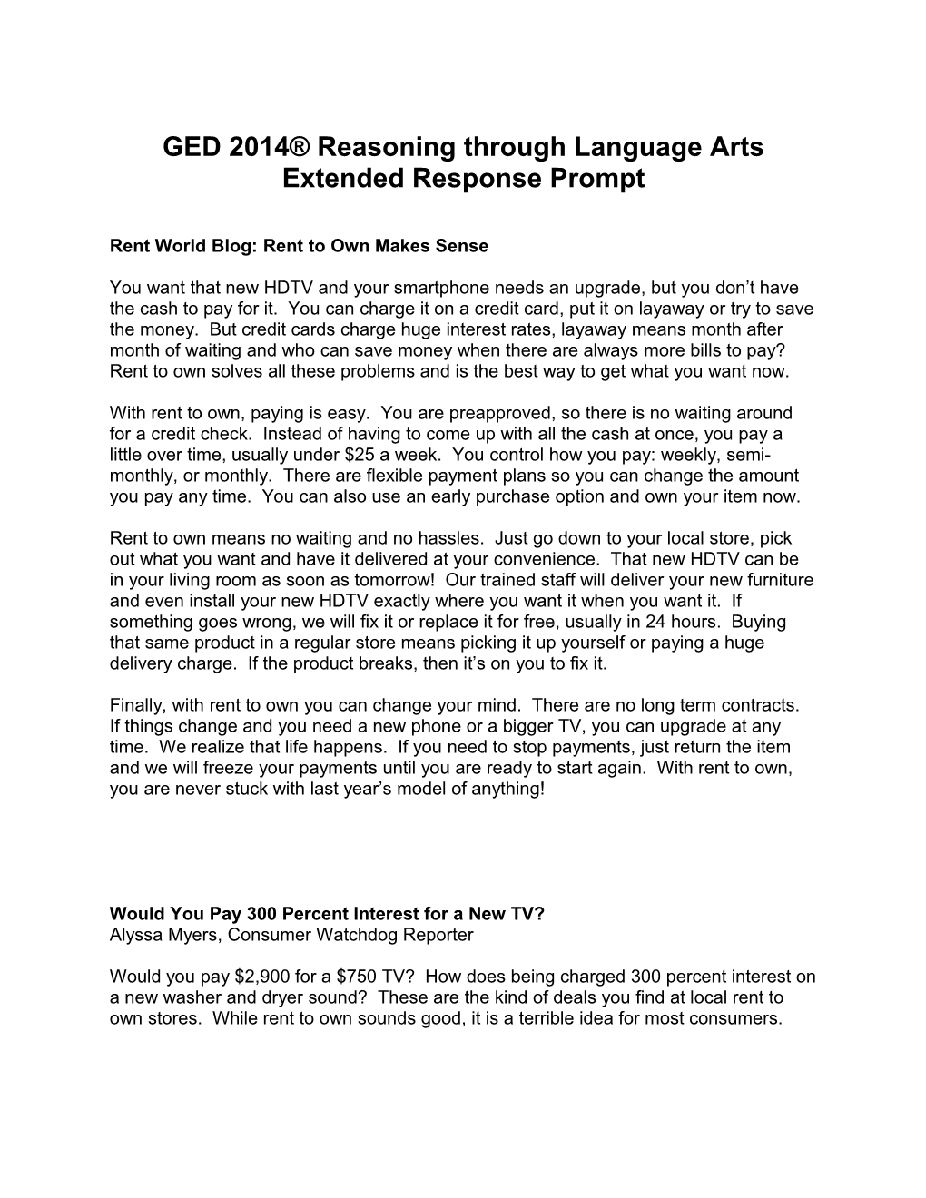 GED 2014 Reasoning Through Language Arts Extended Response Prompt