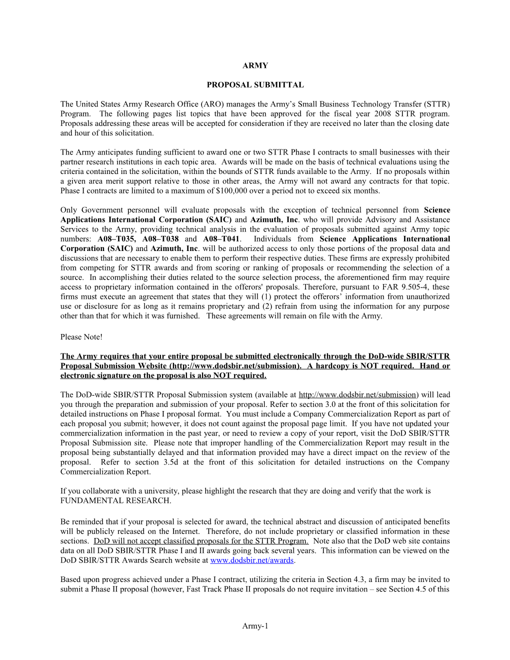 Army SBIR 08 Topic Index