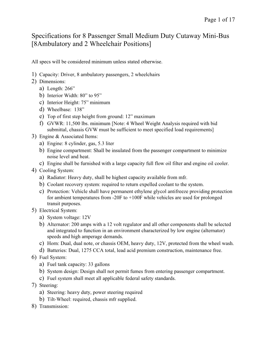 Specifications for 8 Passenger with 2 Wheelchair Station Bus