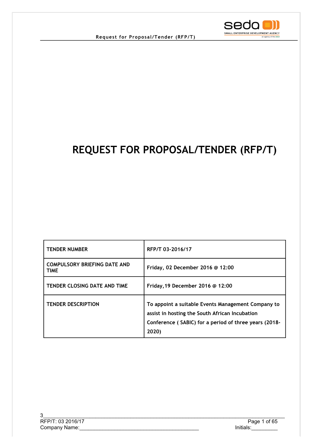 Request for Proposal/Tender (Rfp/T)
