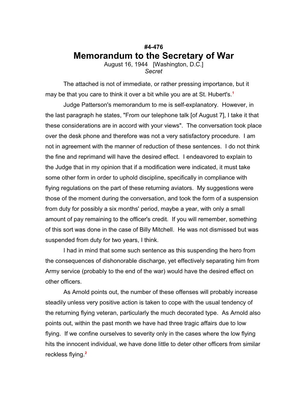 Memorandum to the Secretary of War