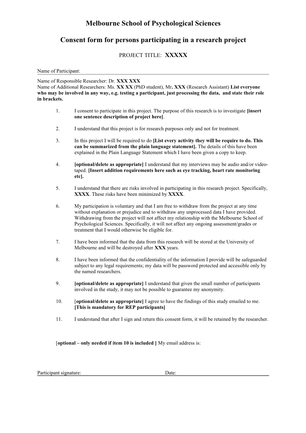 Consent Form for Persons Participating in a Research Project