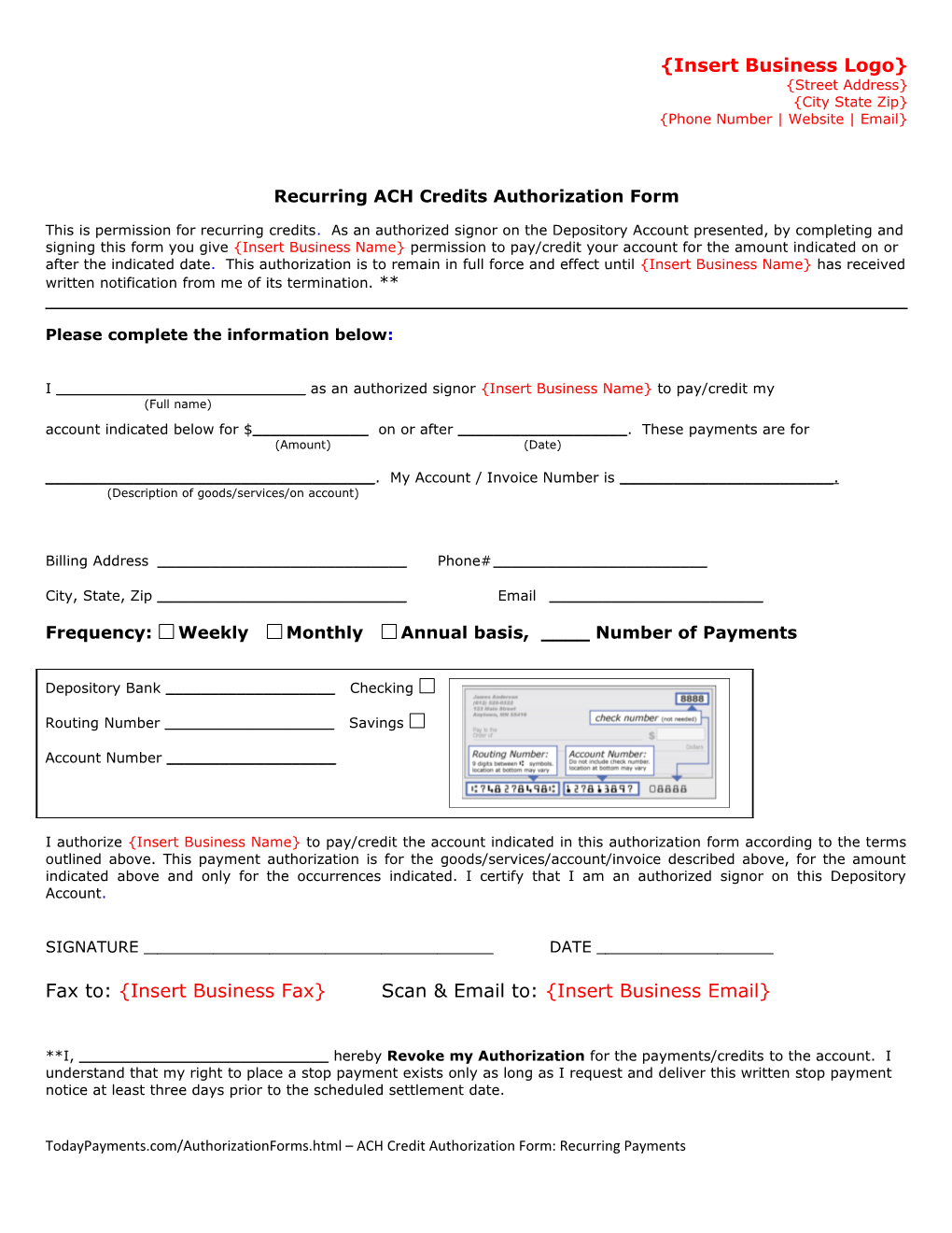 Recurring ACH Credit Authorization Form