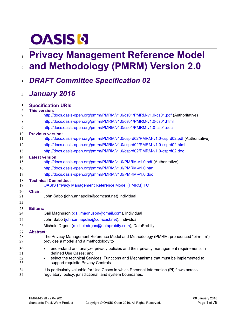 Privacy Management Reference Model and Methodology (PMRM) Version 1.0