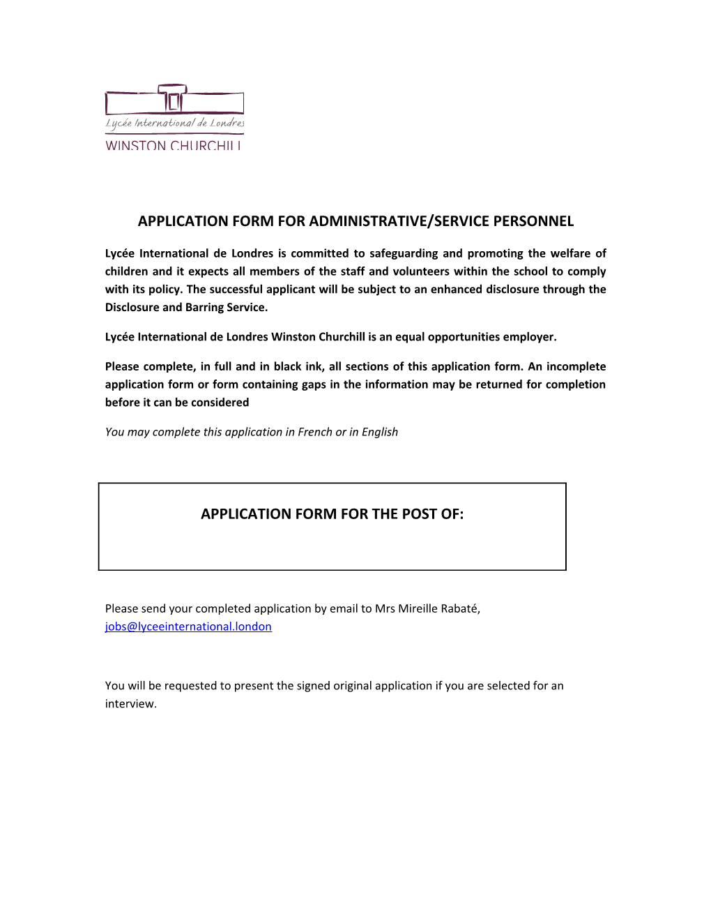 Application Form for Administrative/Service Personnel