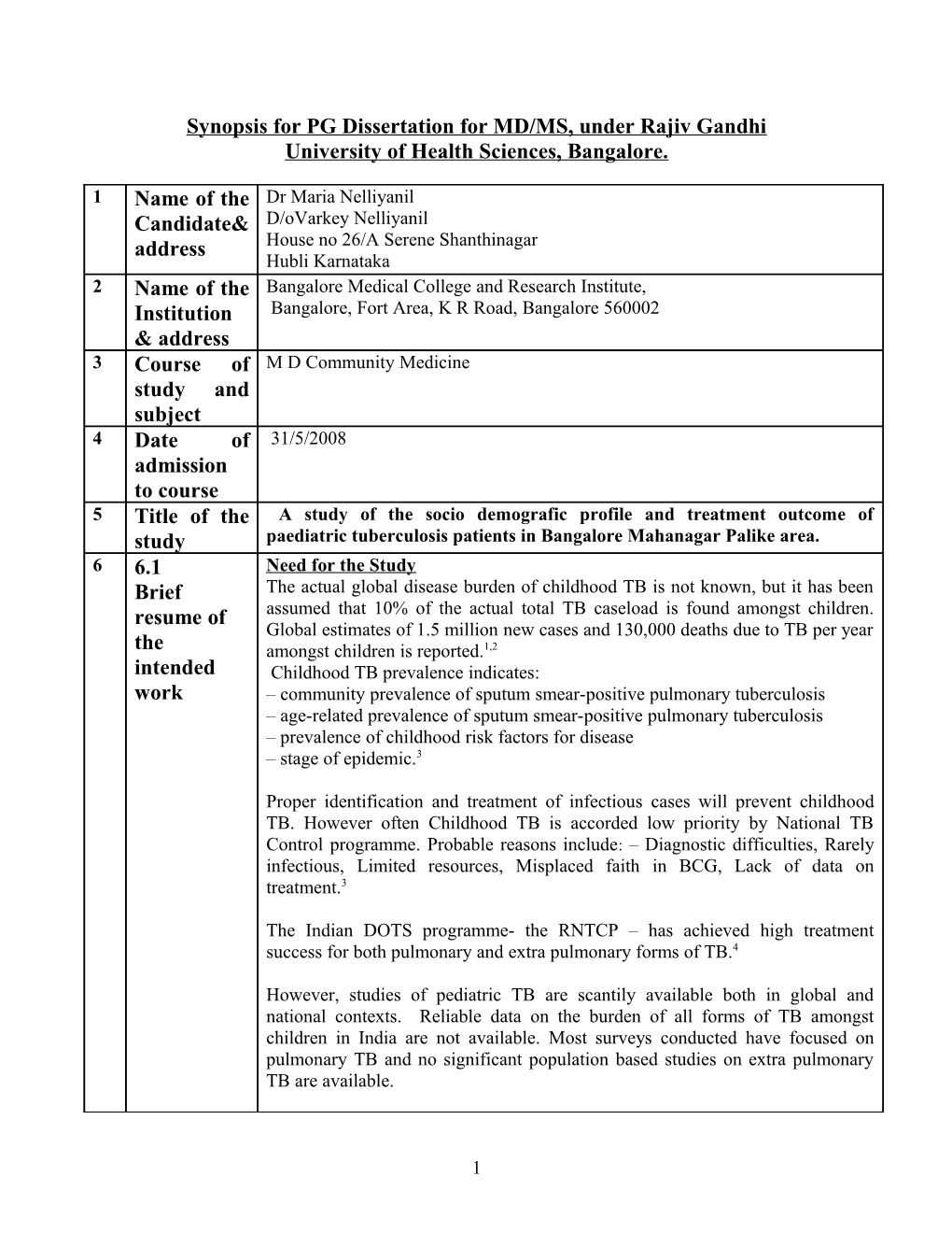Synopsis for PG Dissertation for MD/MS, Under Rajiv Gandhi University of Health Sciences