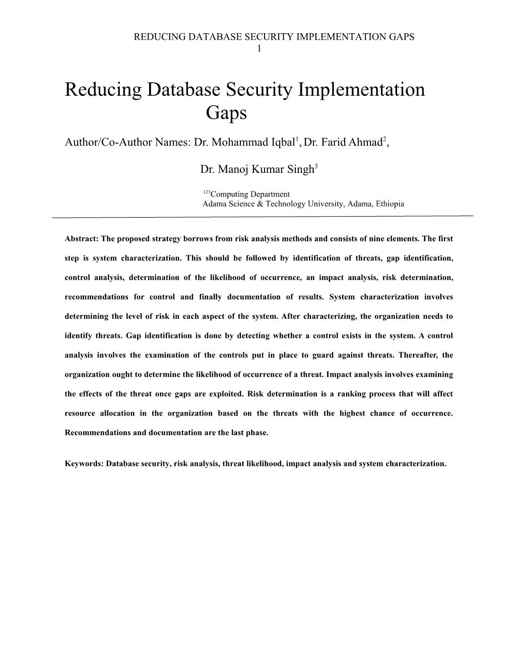 Reducing Database Security Implementation Gaps 1