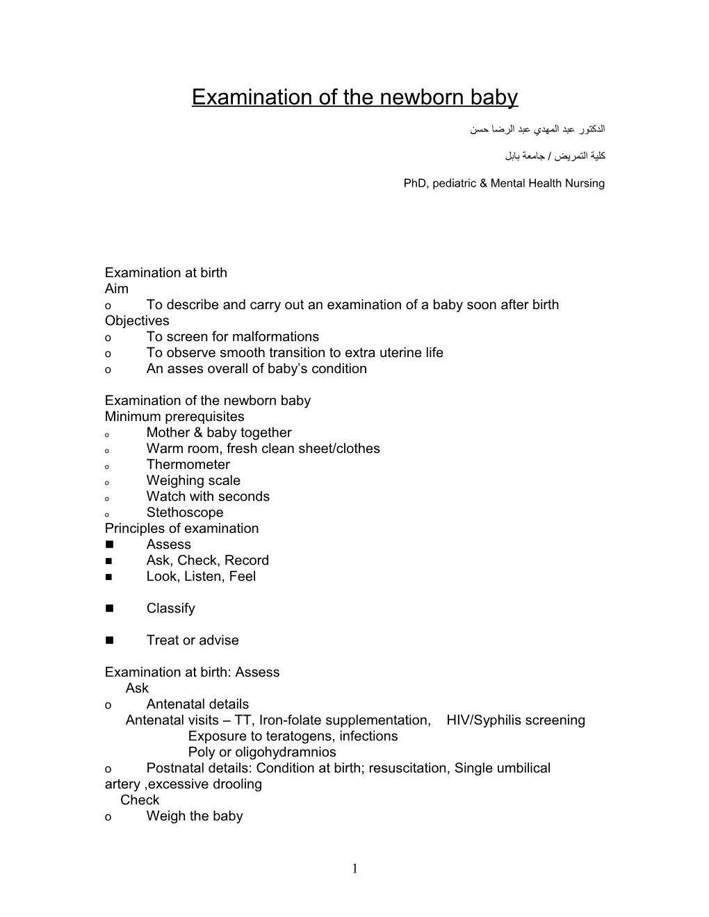 Examination of the Newborn Baby