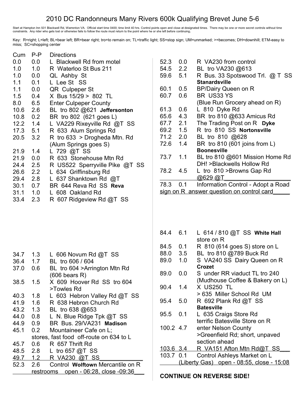 2010 DC Randonneurs Many Rivers 600K Qualifying Brevet June 5-6