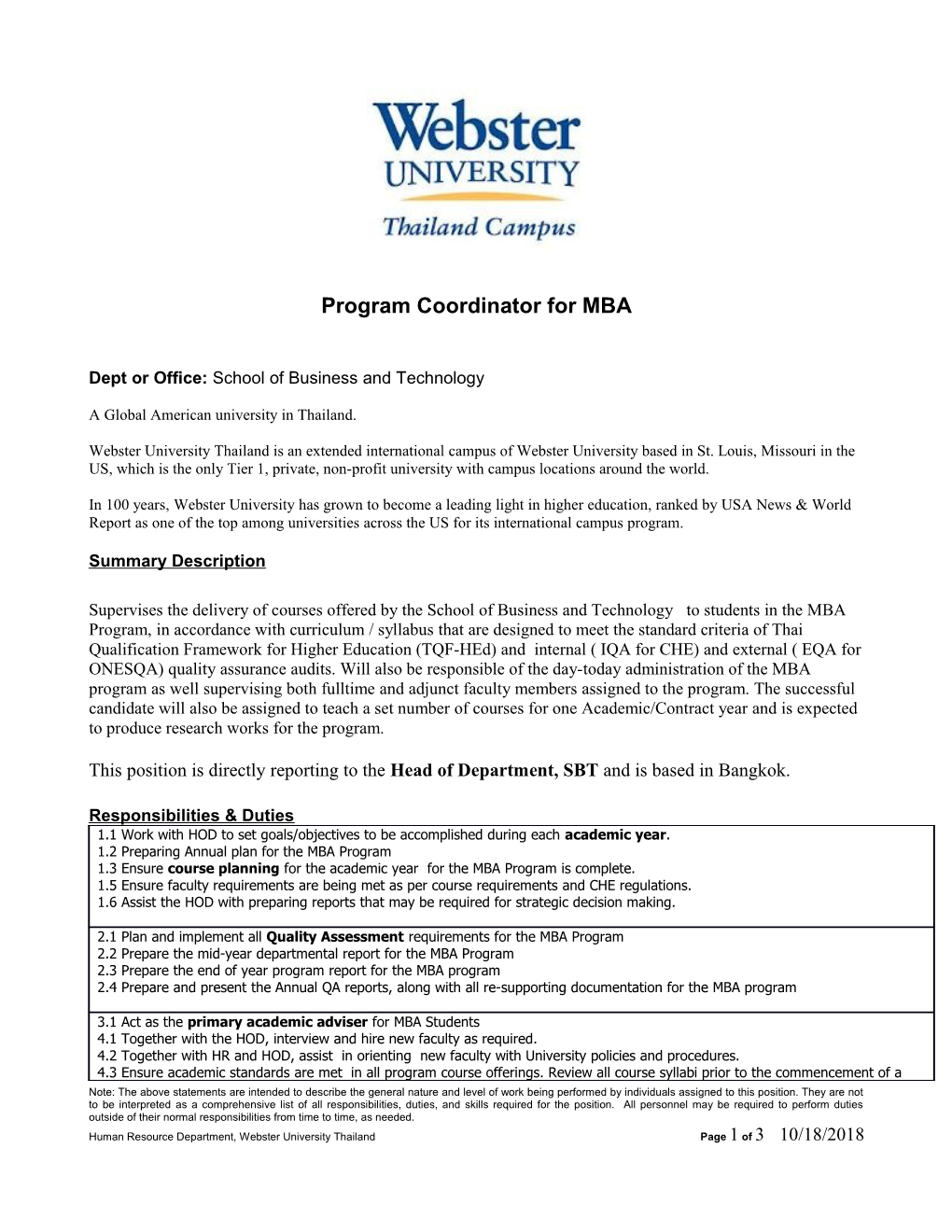 Program Coordinator for MBA
