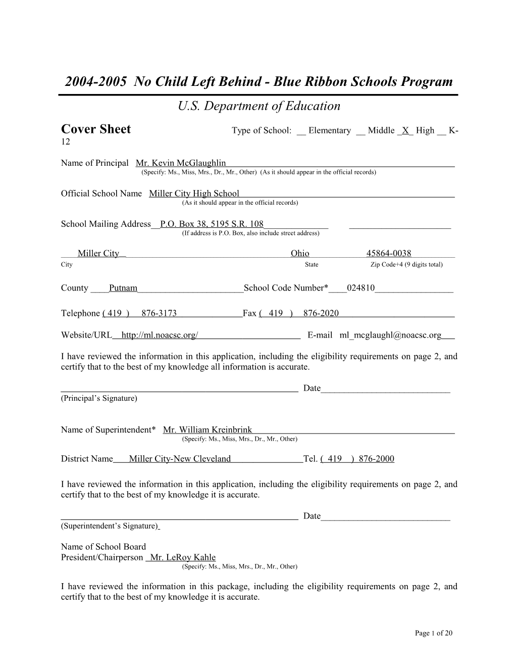 Miller City High School Application: 2004-2005, No Child Left Behind - Blue Ribbon Schools