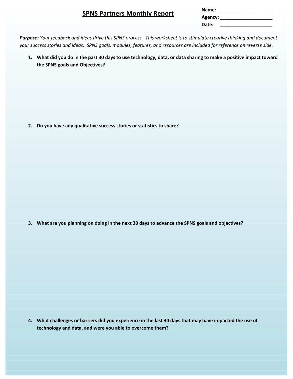 Purpose: Your Feedback and Ideas Drive This SPNS Process. This Worksheet Is to Stimulate