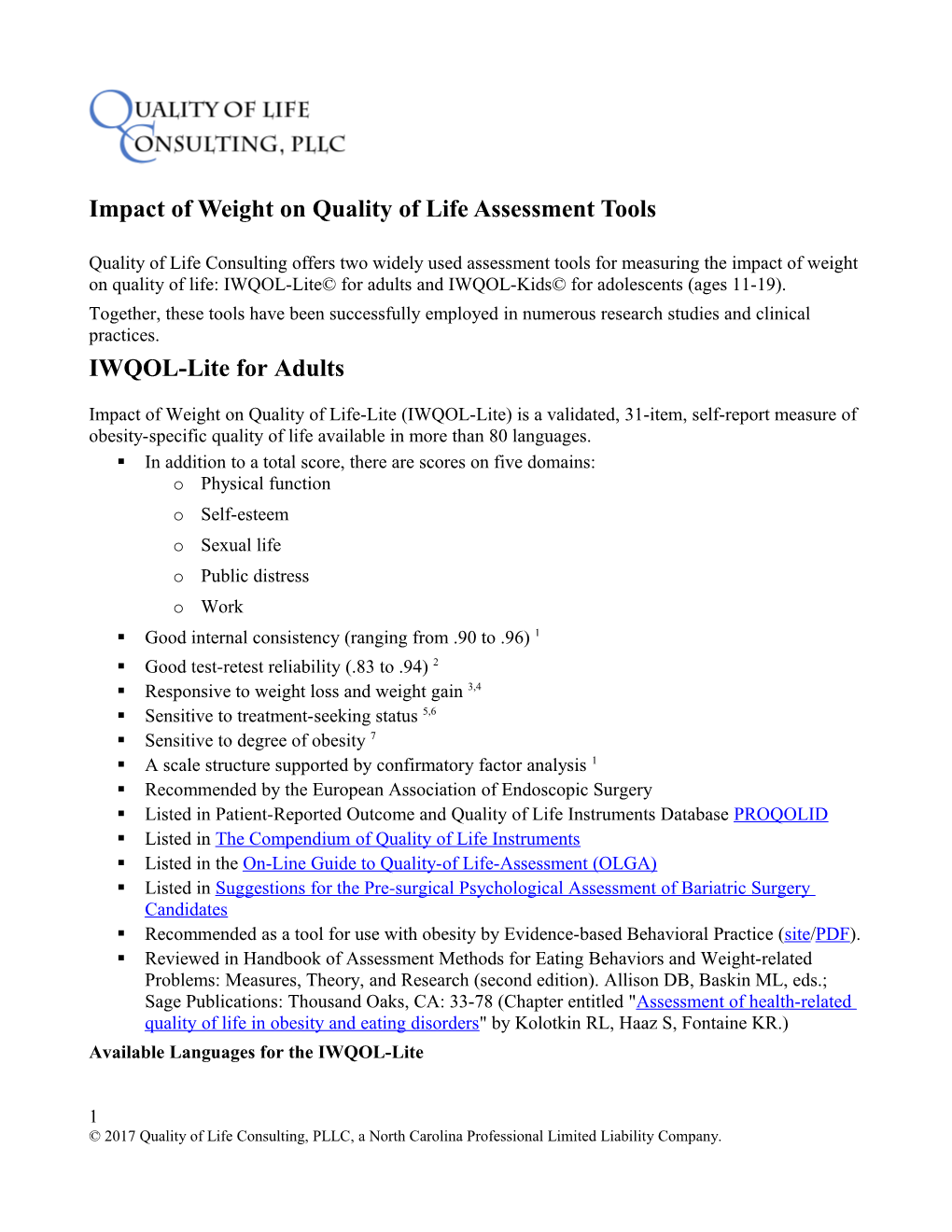 Impact of Weight on Quality of Life Assessment Tools