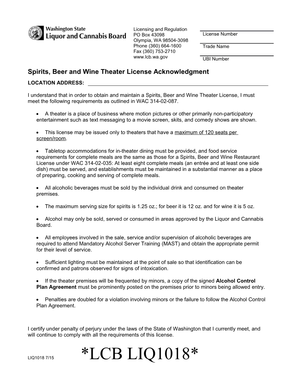 Spirits Beer Wine Theater License Acknowledgement