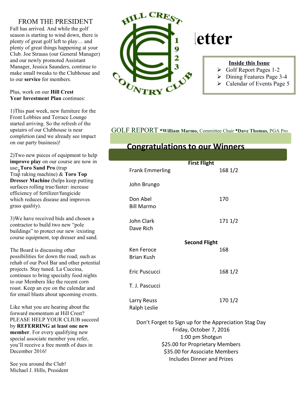 Hill Crest Country Club Newsletter October2016