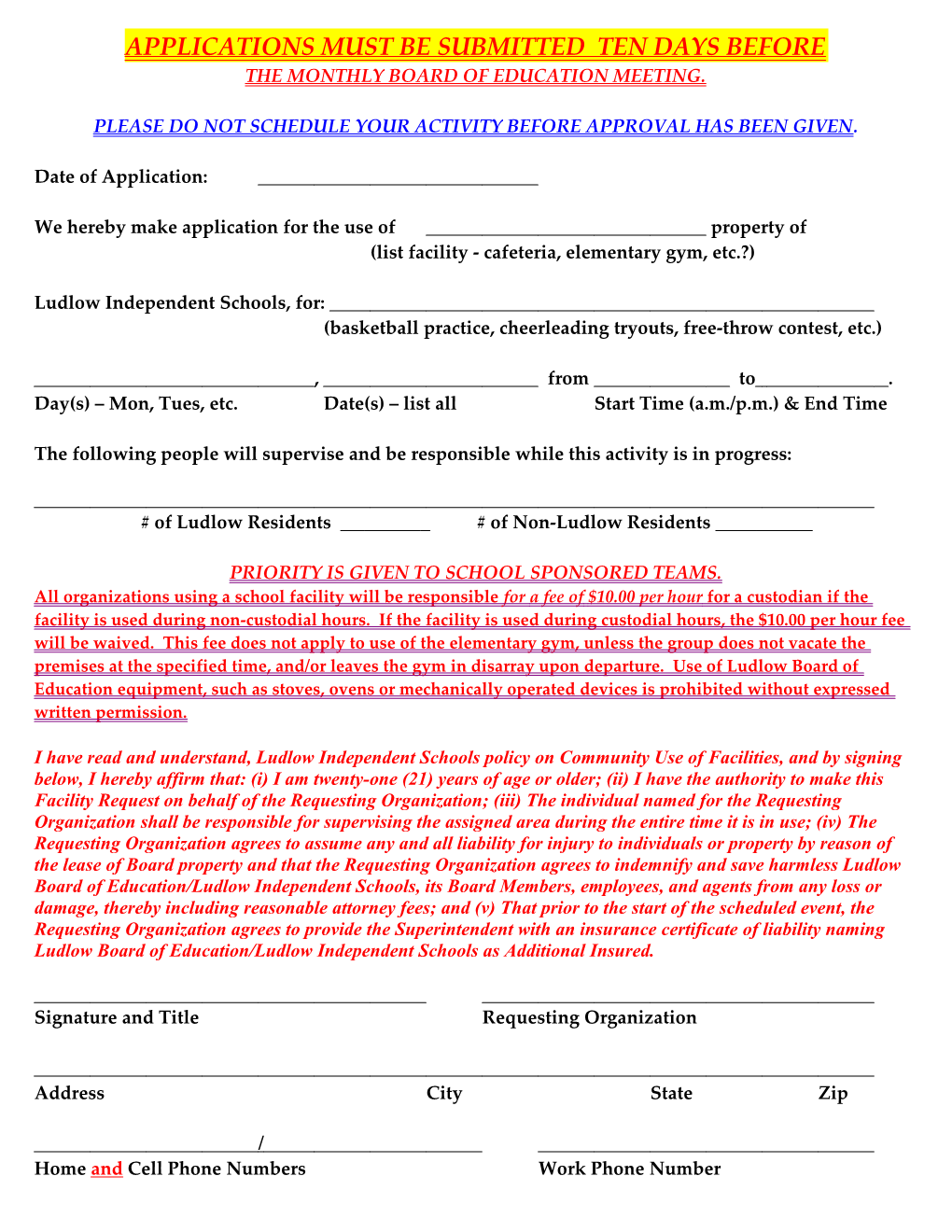 Application for Use of School Building Or Facility