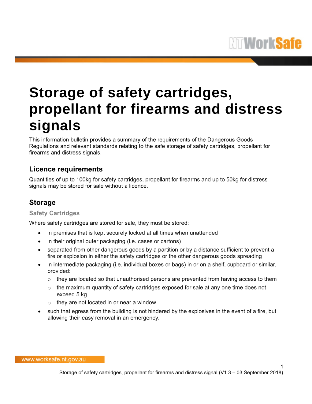 Storage of Safety Cartridges, Propellant for Firearms and Distress Signals
