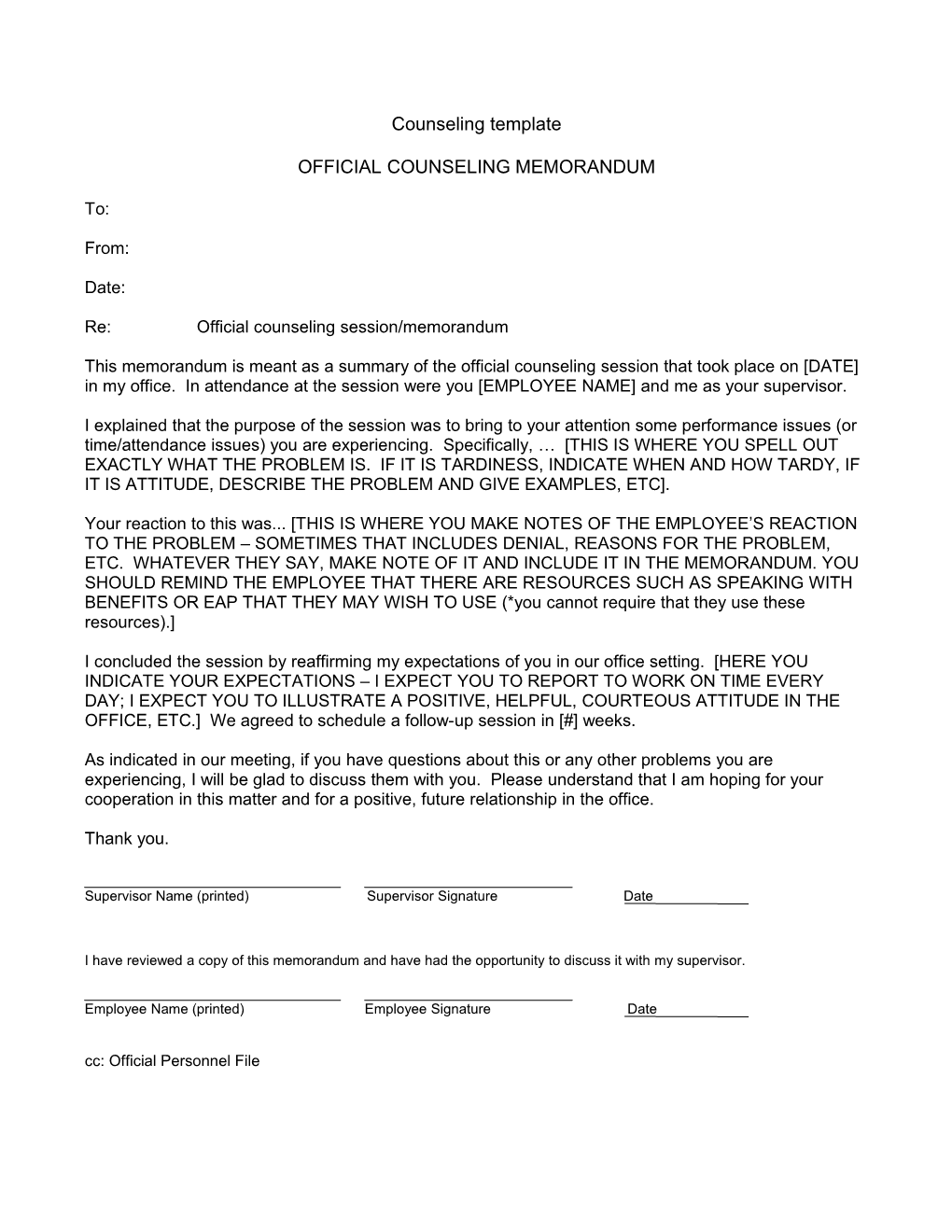 Re:Official Counseling Session/Memorandum