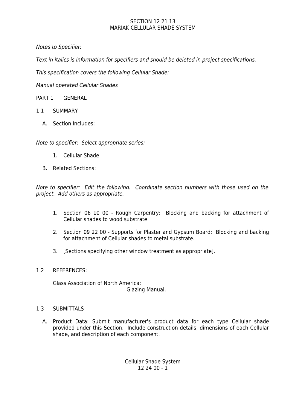 Text in Italics Is Information for Specifiers and Should Be Deleted in Project Specifications