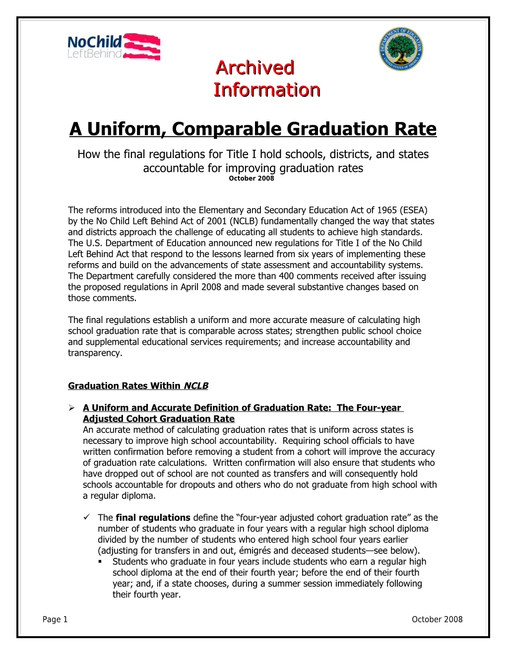 Archived: a Uniform, Comparable Graduation Rate October 2008 (Msword)