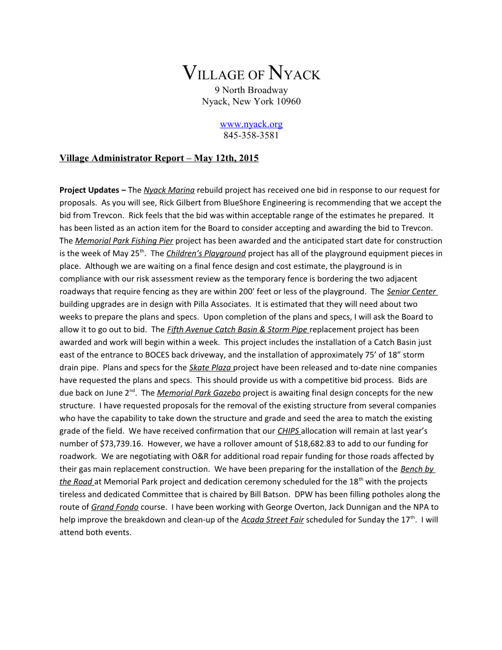 Village Administrator Report May 12Th, 2015