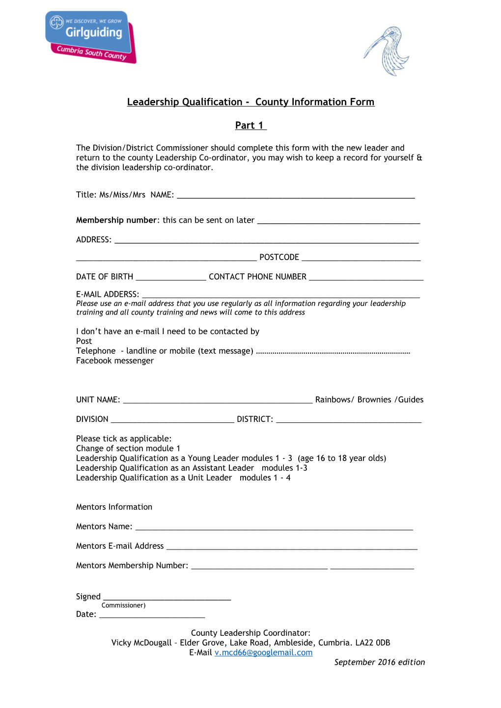 Leadership Qualification - County Information Form