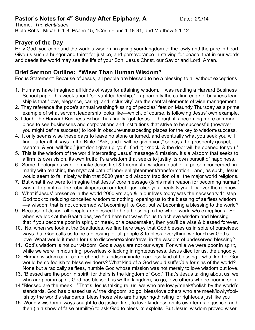 Pastor S Notes for 4Th Sunday After Epiphany, a Date: 2/2/14