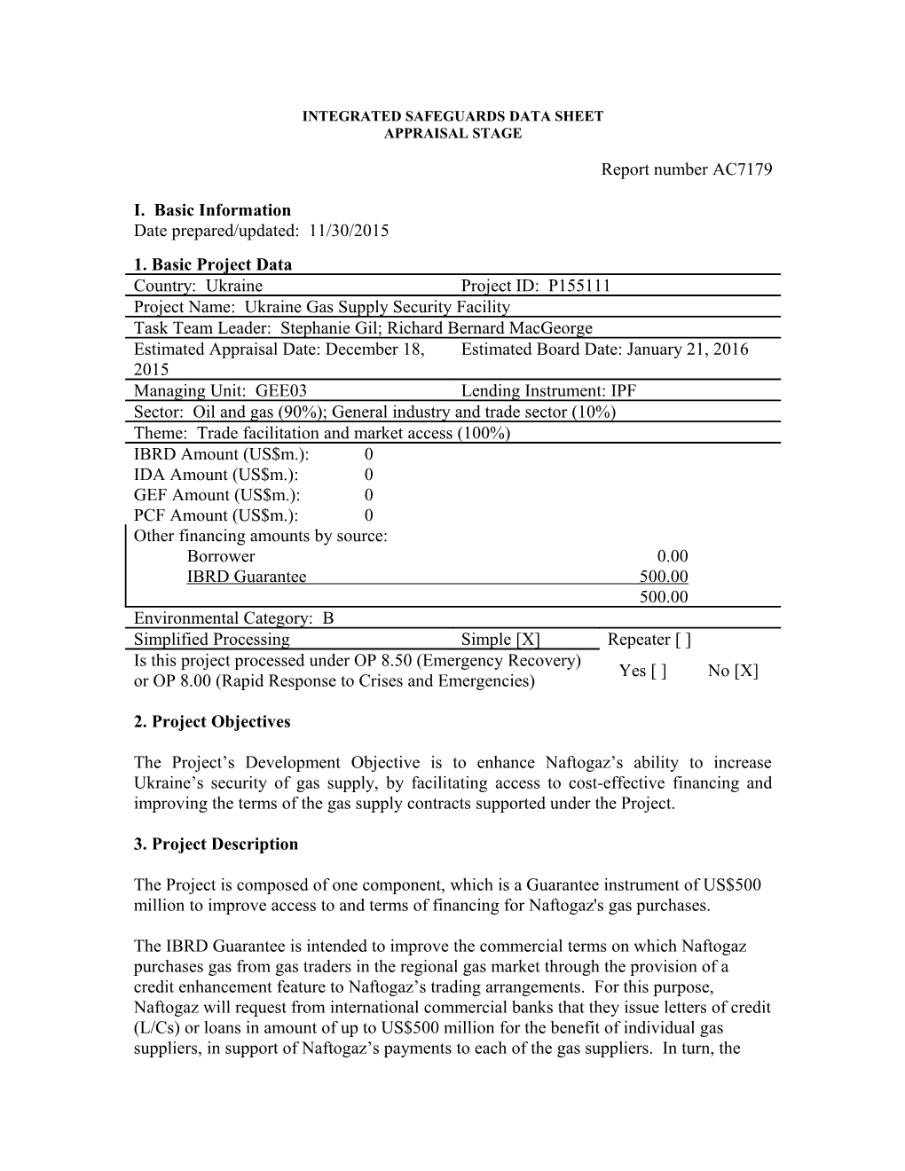 18 12 2015 18 23 7 Ukraine Gas Guarantee PAD ISDS FINAL Board