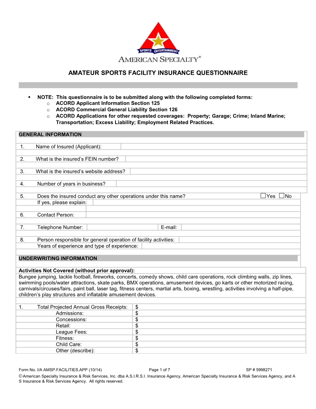 Amateur Sports Facility Insurance Questionnaire