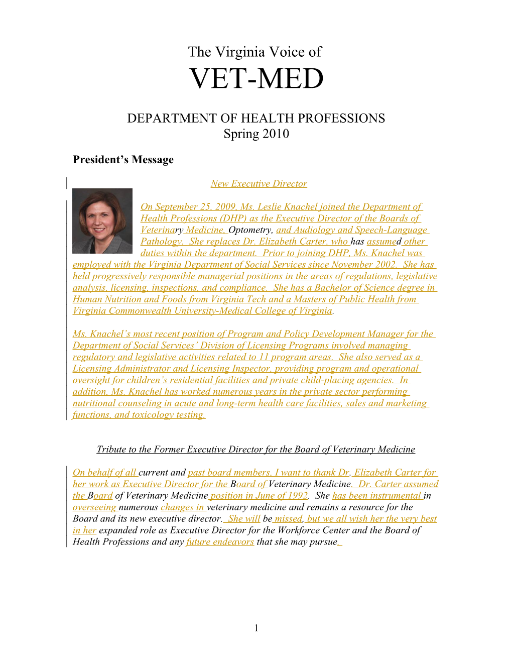 Board of Veterinary Medicine Spring 2010 Newsletter