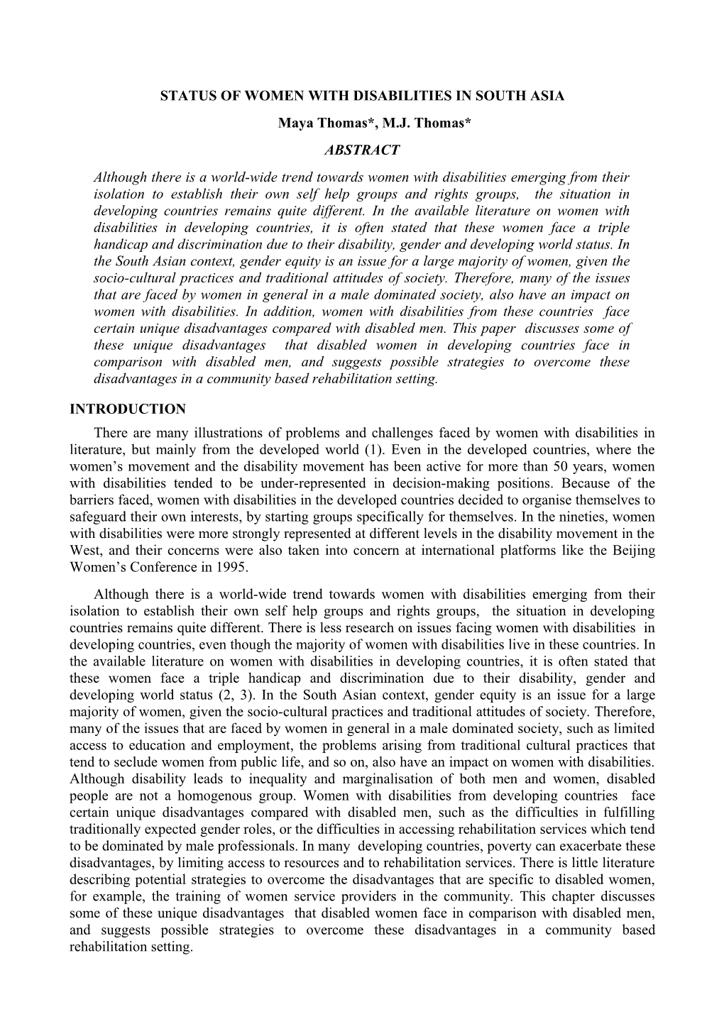 Status of Women with Disabilities in South Asia