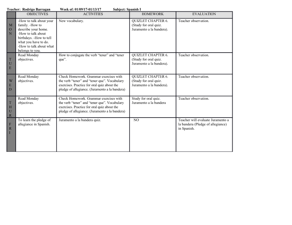 Teacher: Rodrigo Barraganweek Of: 01/09/17-01/13/17Subject: Spanish I
