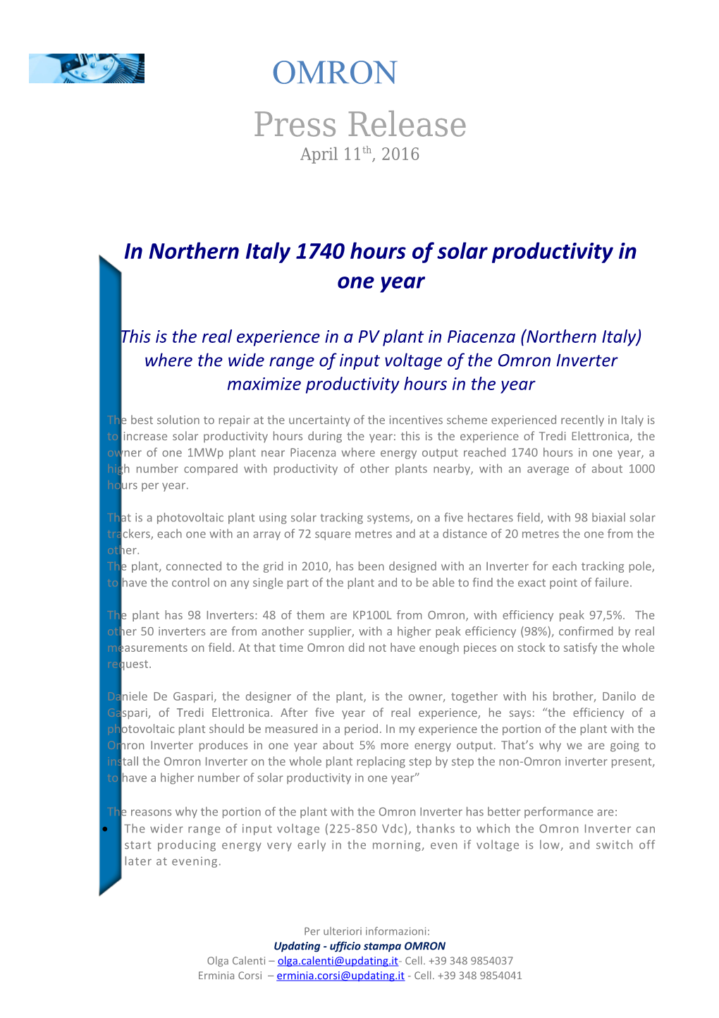In Northern Italy 1740 Hours of Solar Productivity in One Year