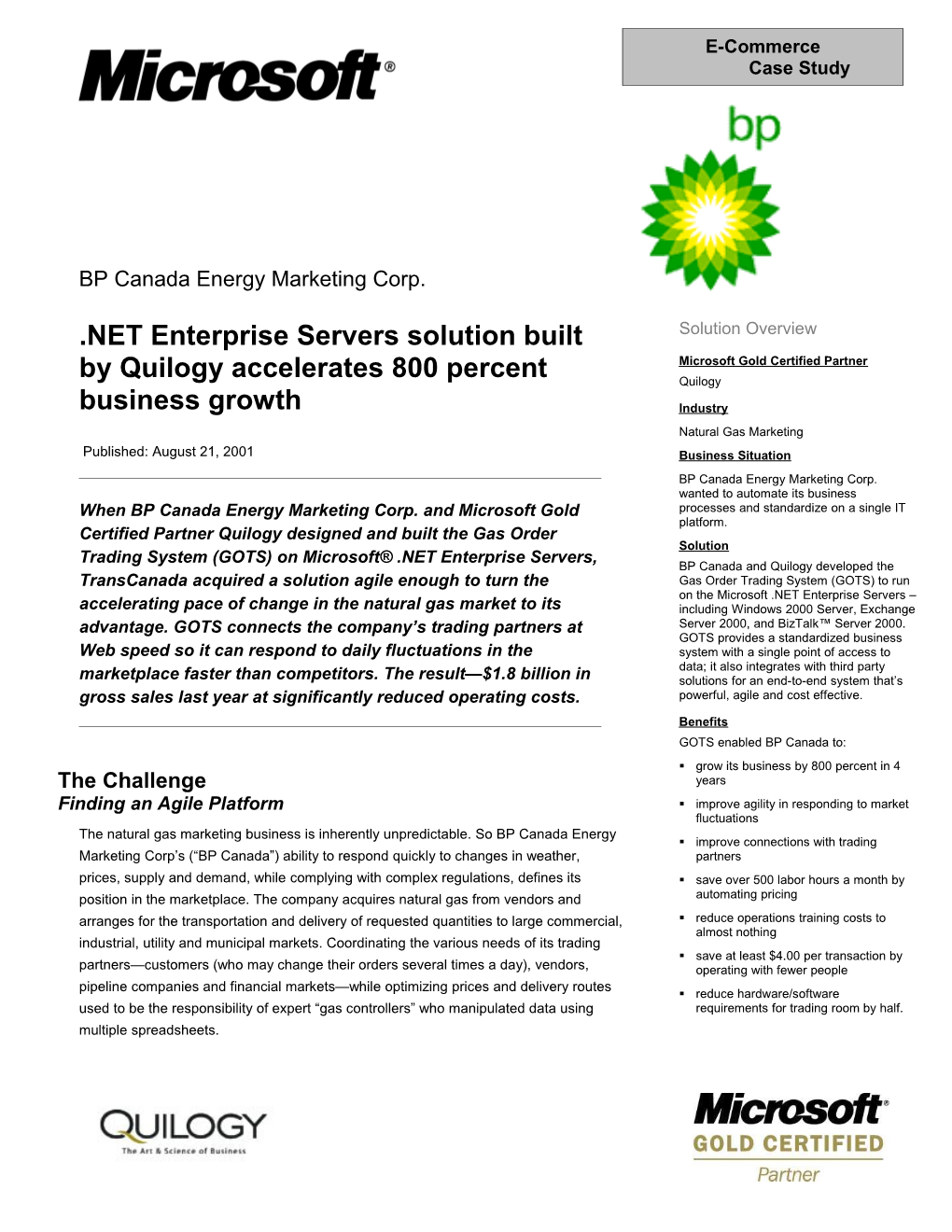 NET Enterprise Servers Solution Built by Quilogy Accelerates 800 Percent Business Growth