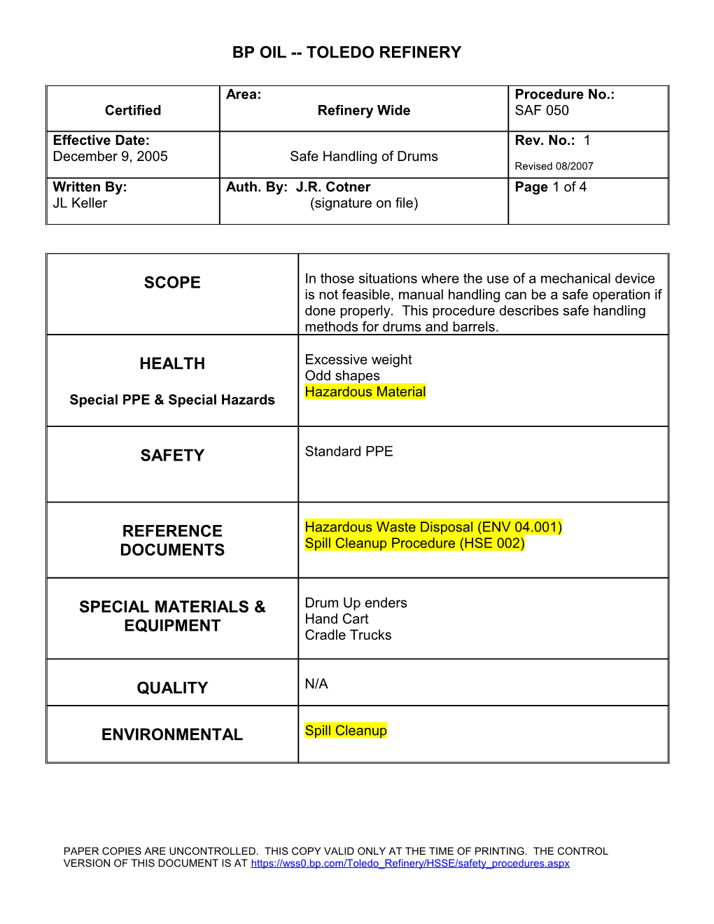 Procedure No. SAF 050 Rev. No. 1