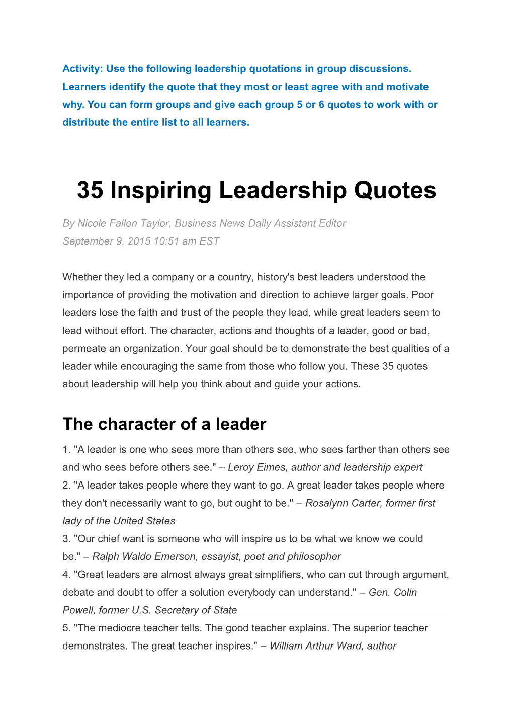 Activity: Use the Following Leadership Quotations in Group Discussions. Learners Identify