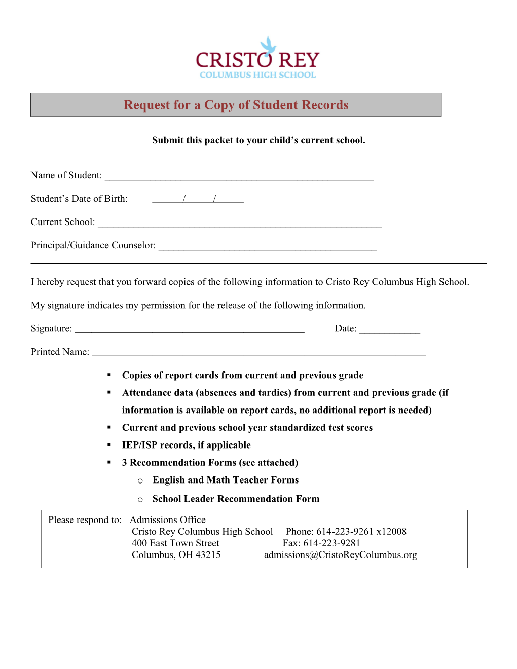 Submit This Packet to Your Child S Current School