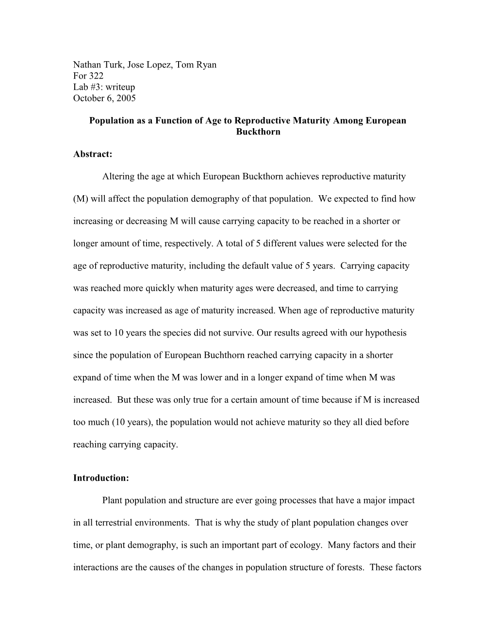 Population As a Function of Age to Reproductive Maturity Among European Buckthorn