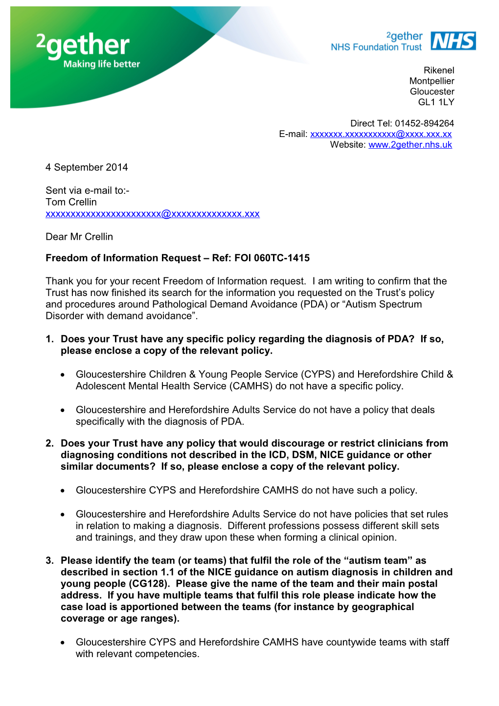 Freedom of Information Request Ref: FOI 060TC-1415