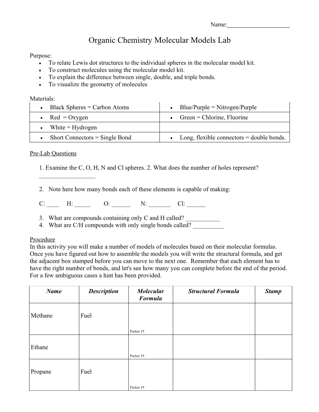 Organic Chemistry Molecular Models Lab