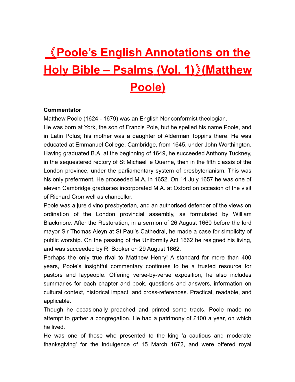 Poole S English Annotationson the Holy Bible Psalms (Vol. 1) (Matthew Poole)