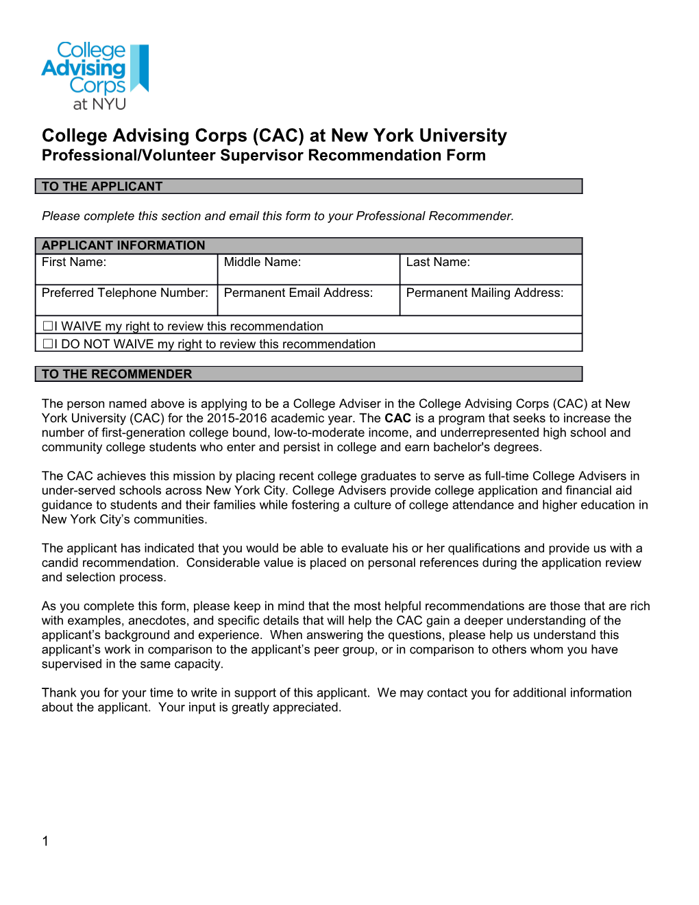 College Advising Corps (CAC) at New York University