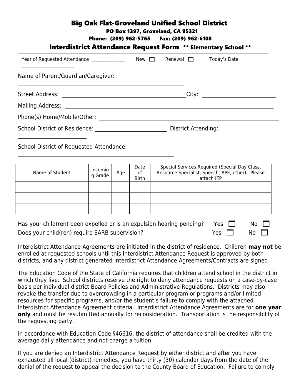 Tuolumne County Interdistrict Attendance Request Form