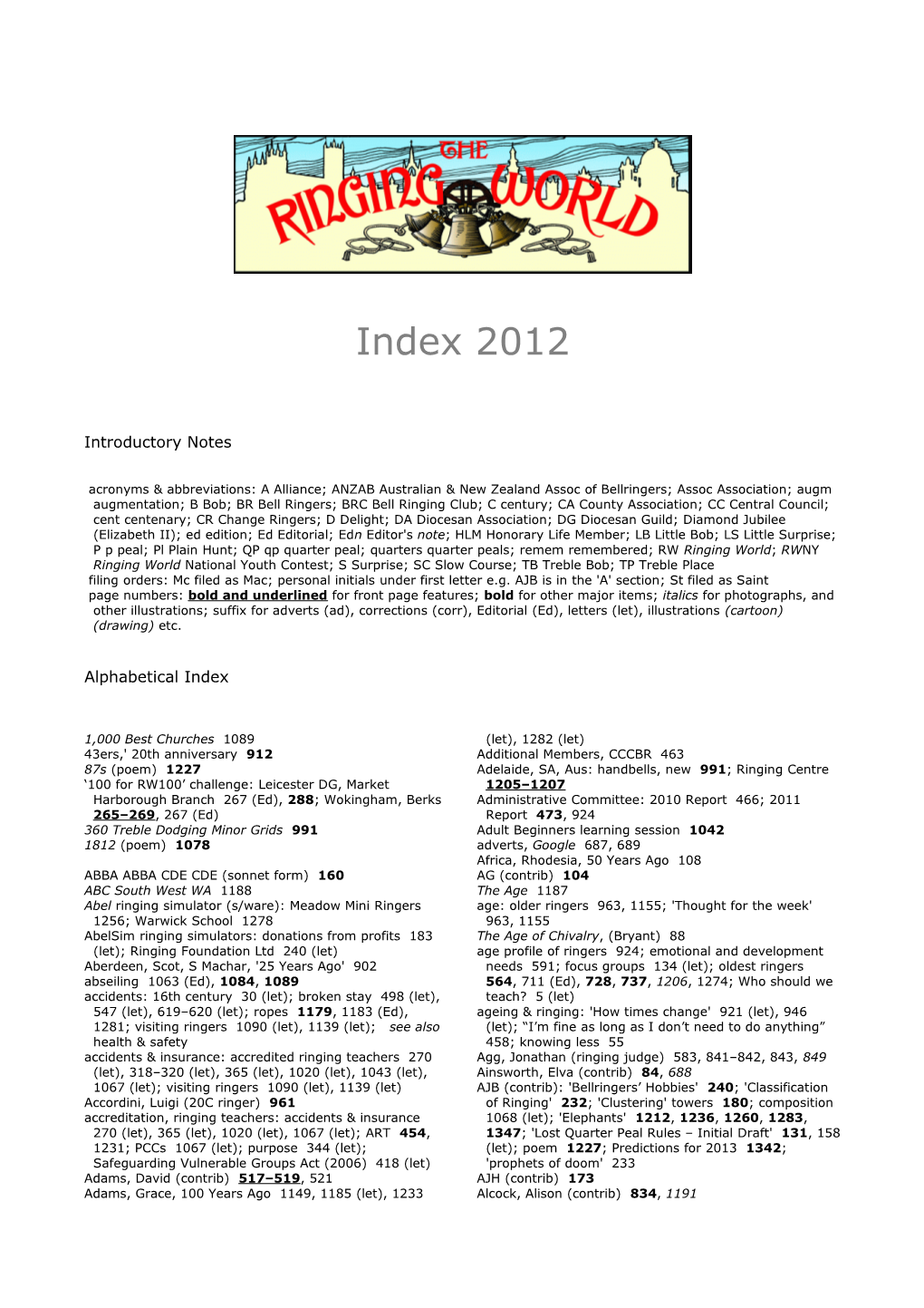 Ringing World Index 2012