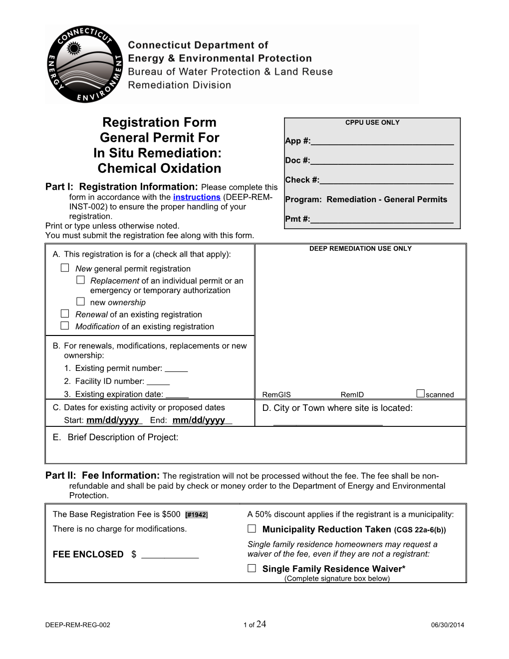 General Permit Registration Form for in Situ Remediation: Chemical Oxidation