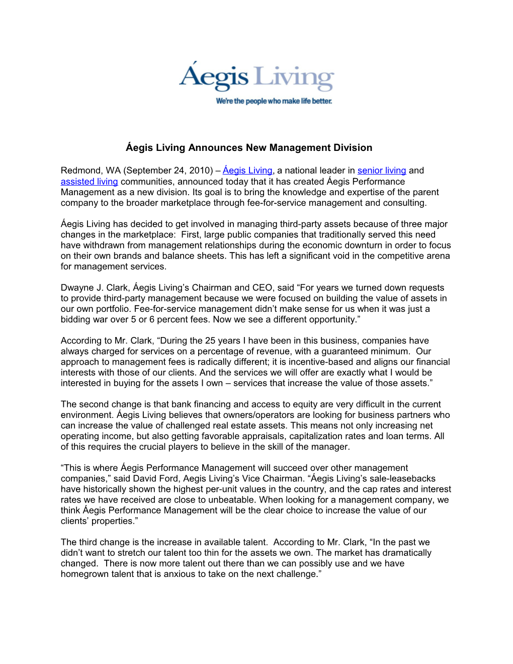 Áegis Living Announces New Management Division